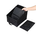 Black high-capacity car trunk organizer box made of durable Oxford cloth for vehicle storage.