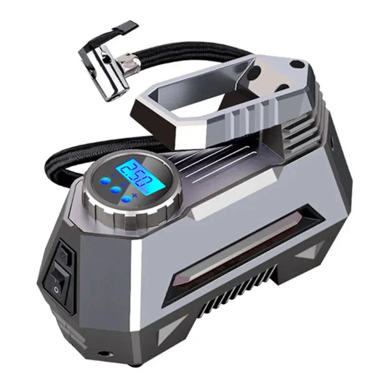 Digital portable air compressor pump in grey with car power plug and flexible inflation hose