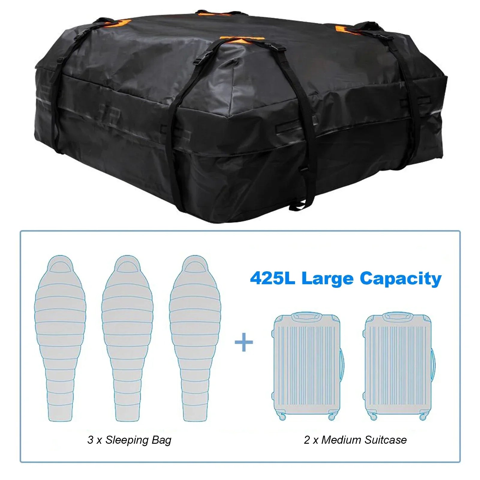 Black waterproof 425L car roof cargo bag strapped to vehicle for travel and outdoor storage — view 3