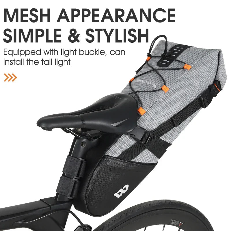 Gray waterproof 10L bike saddle bag with reflective details and roll top closure for cycling — view 3