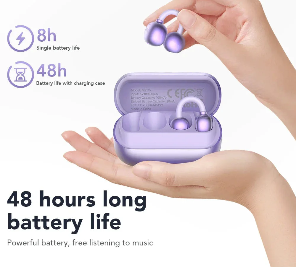 Purple open-ear wireless earbuds with digital LCD charging case and AI translator display — view 4