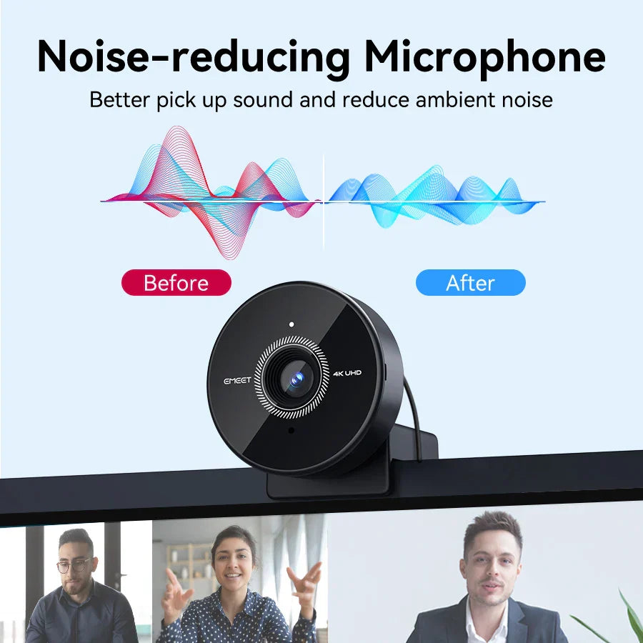 Black 4K autofocus USB webcam portable camera for computer and laptop video conferencing — view 4