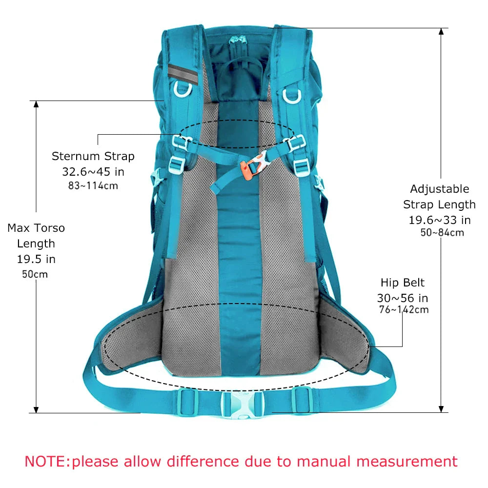 Lake blue 50L hiking backpack made of water-resistant nylon with integrated rain cover — view 3