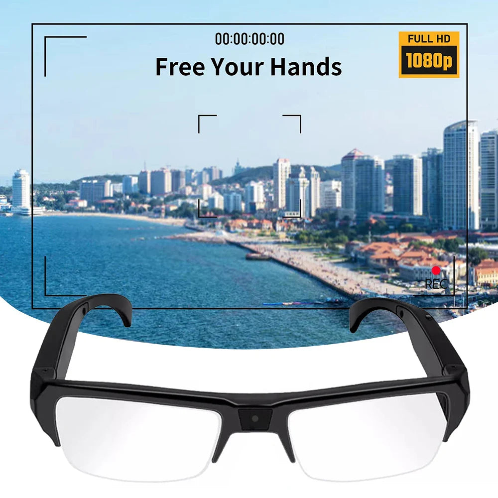 Black NNEOBA 1080P HD mini camera glasses wearable video recorder on white background — view 4