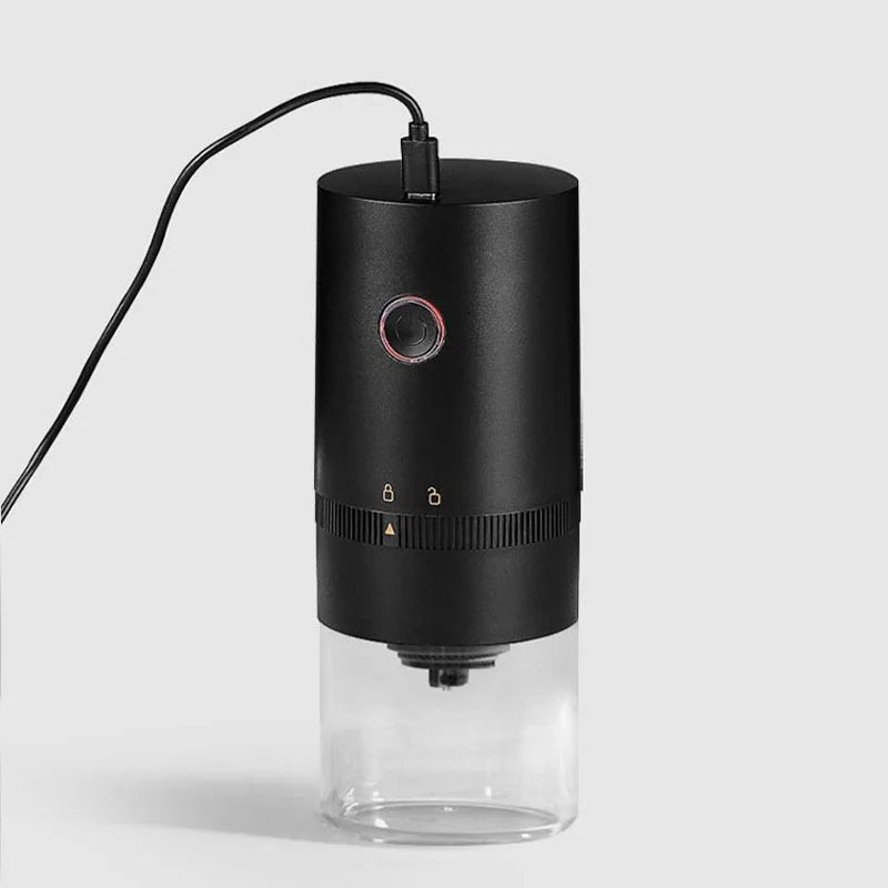 Black portable USB-C rechargeable coffee grinder with ceramic burr mill and clear powder chamber — view 5