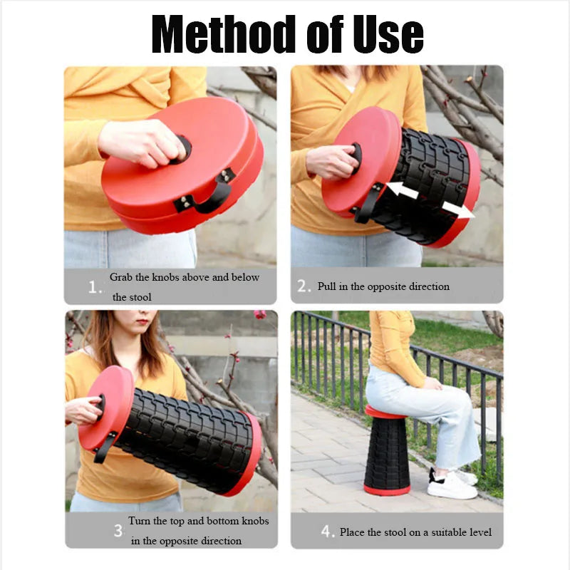 Red portable retractable outdoor stool for camping and beach trips made of durable plastic — view 3