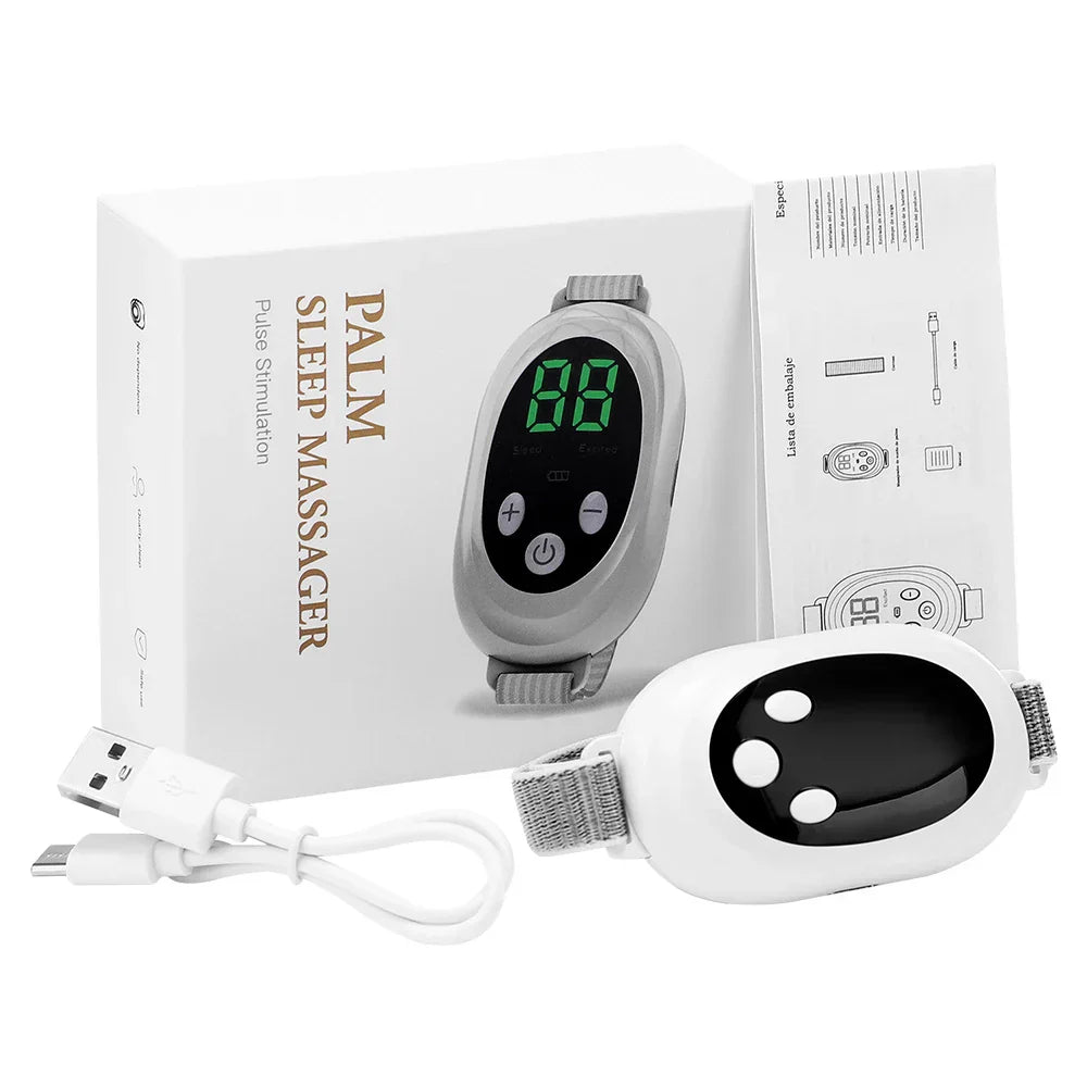 White intelligent sleep aid device with an adjustable skin-friendly hand strap for anxiety and insomnia relief