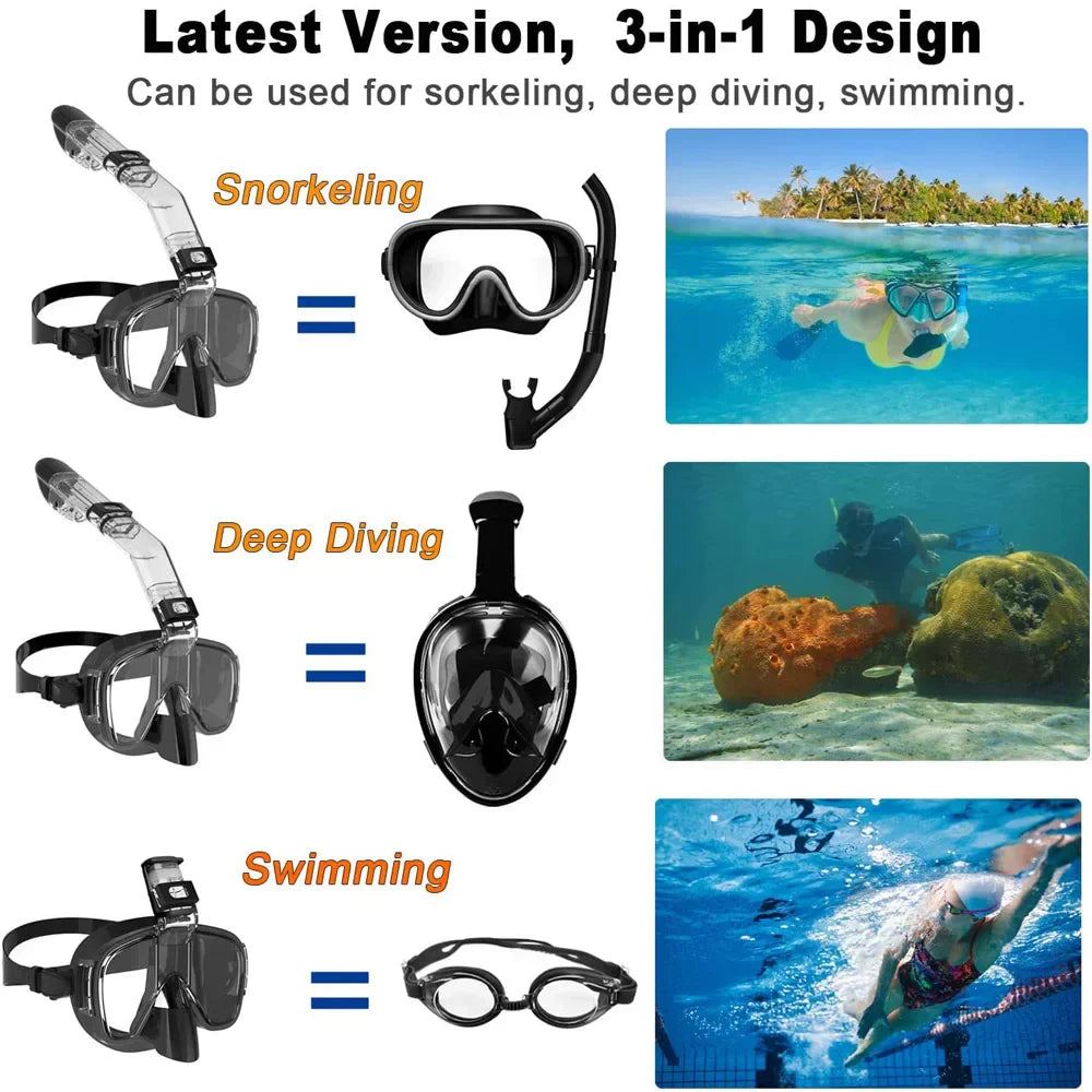 Black NNEOBA full dry top snorkel mask set with panoramic anti-fog lens and silicone skirt — view 2