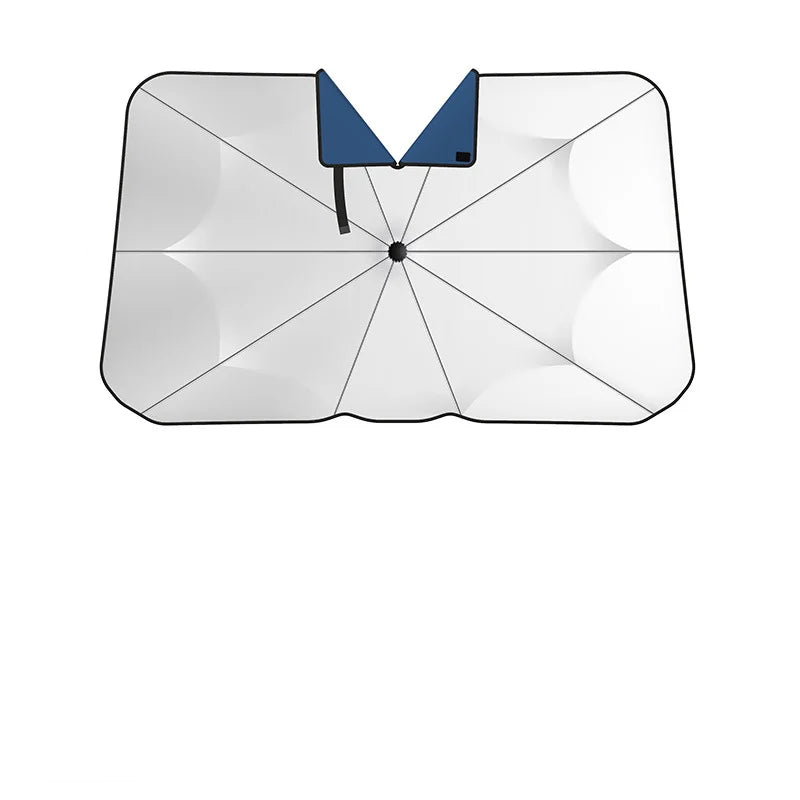 Car windshield sunshade umbrella in white deployed inside a vehicle blocking sunlight