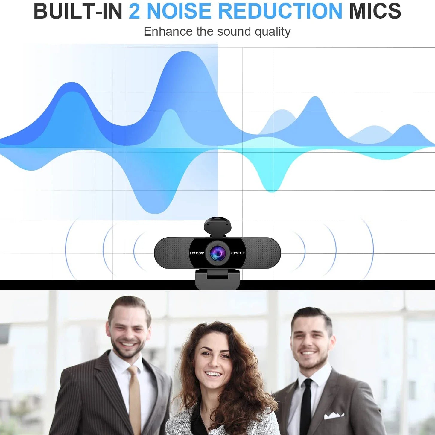 1080P HD USB webcam in black with dual noise-canceling microphones and privacy cover — view 3
