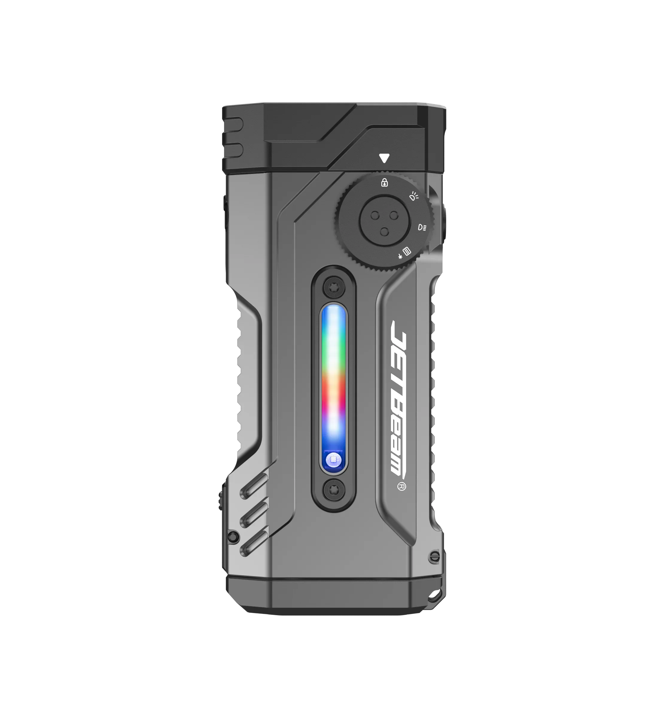 Jetbeam E28 multi-mode flat tactical flashlight in black aluminum with dual switch interface — view 3