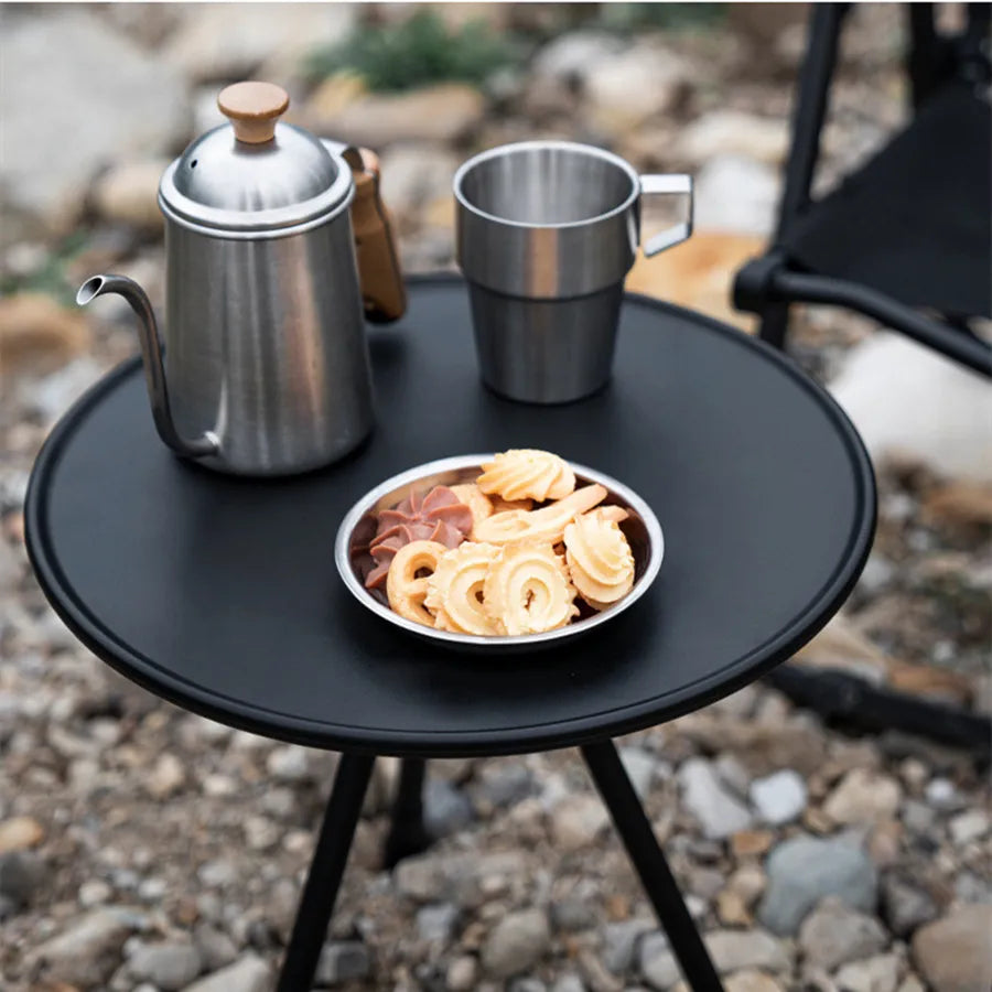 Portable telescopic camping table with round top, adjustable aluminum legs, and outdoor lamp holder. — view 3