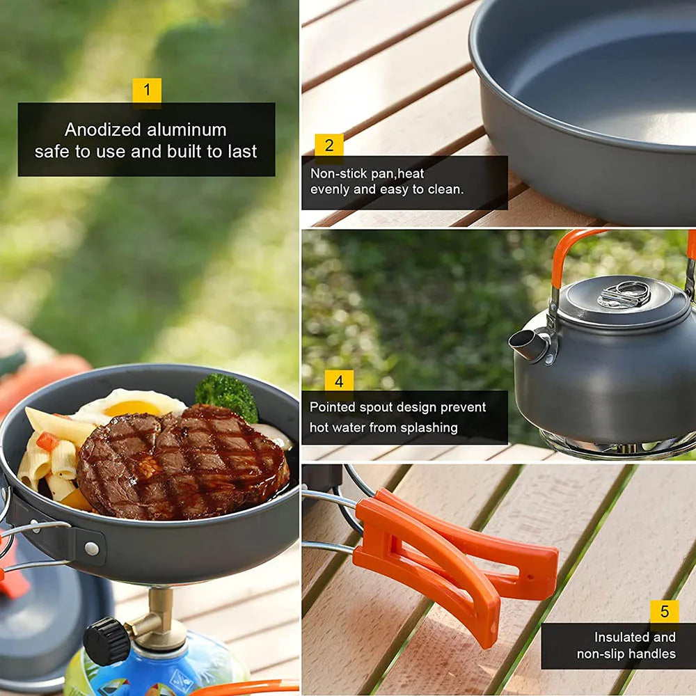 Outdoor camping cookware set in aluminum with orange foldable handles including pot pan and teapot — view 5