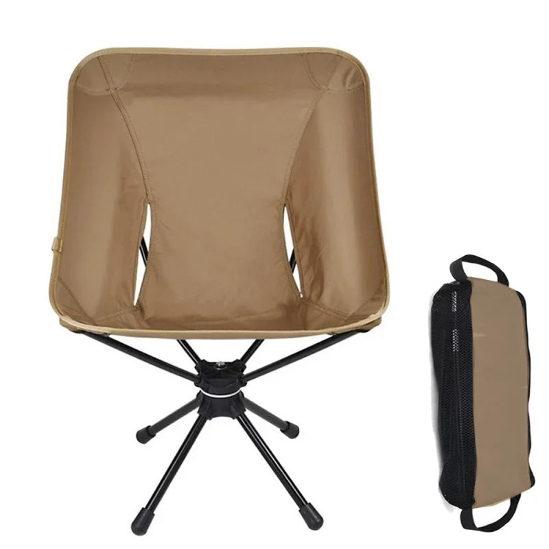Khaki foldable swivel camping chair with aluminum frame and compact carrying bag — view 2