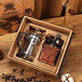 Stainless steel manual coffee grinder and 34 ounce double walled French press pot gift set