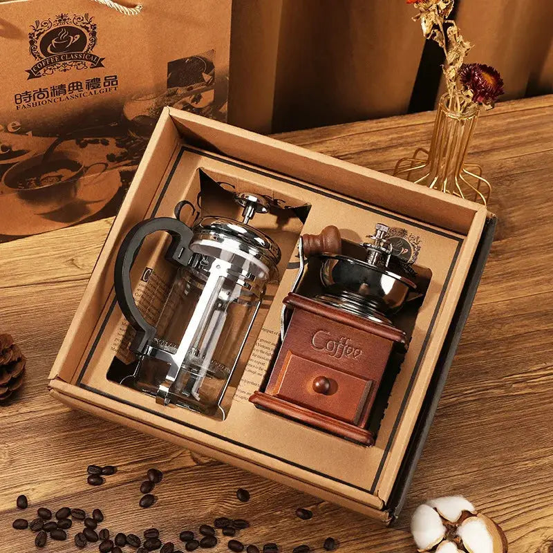 Stainless steel manual coffee grinder and 34 ounce double walled French press pot gift set