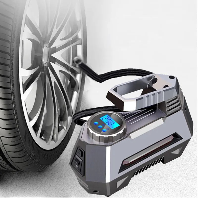 Digital portable air compressor pump in grey with car power plug and flexible inflation hose — view 2