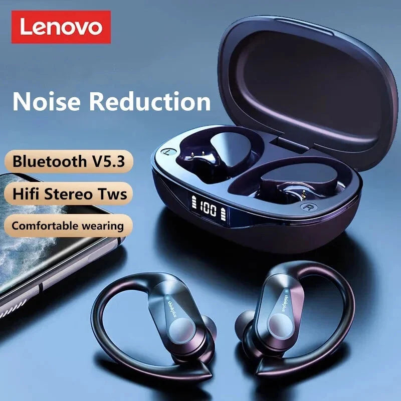 Lenovo LP75 wireless sports earphones with flexible silicone ear hooks and digital LED charging case