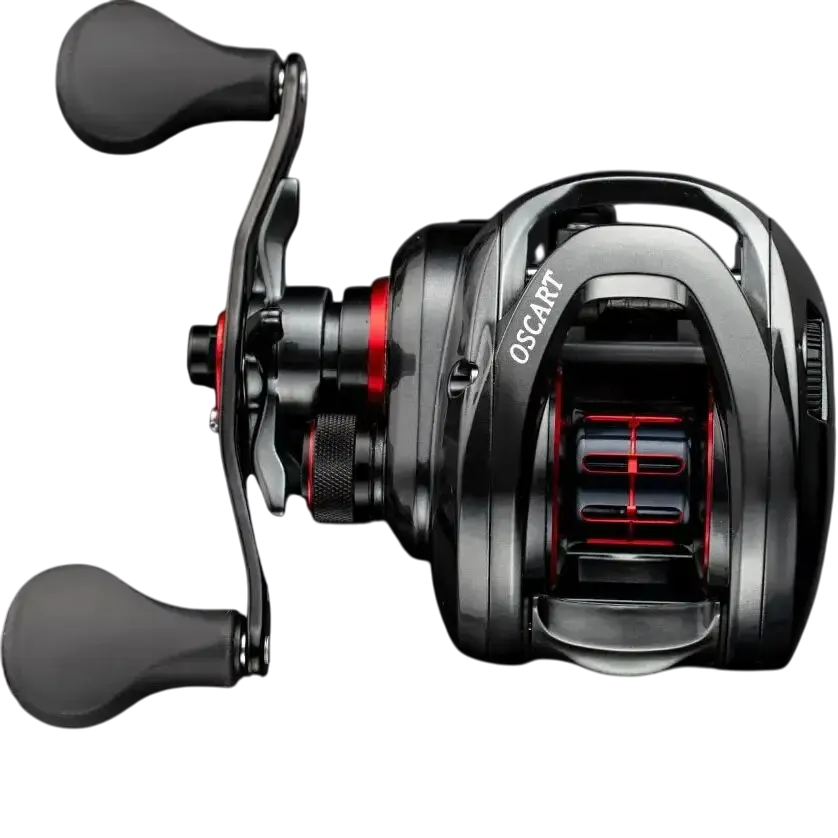 Black 9BB baitcasting fishing reel with right hand crank and matching spare spool