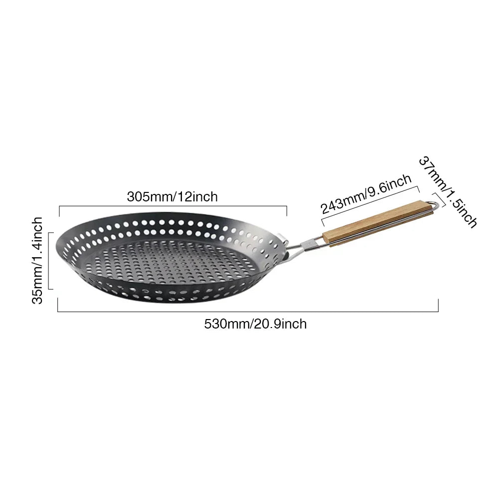 Portable folding handle BBQ frying pan with non-stick round surface for outdoor camping and pizza cooking — view 5