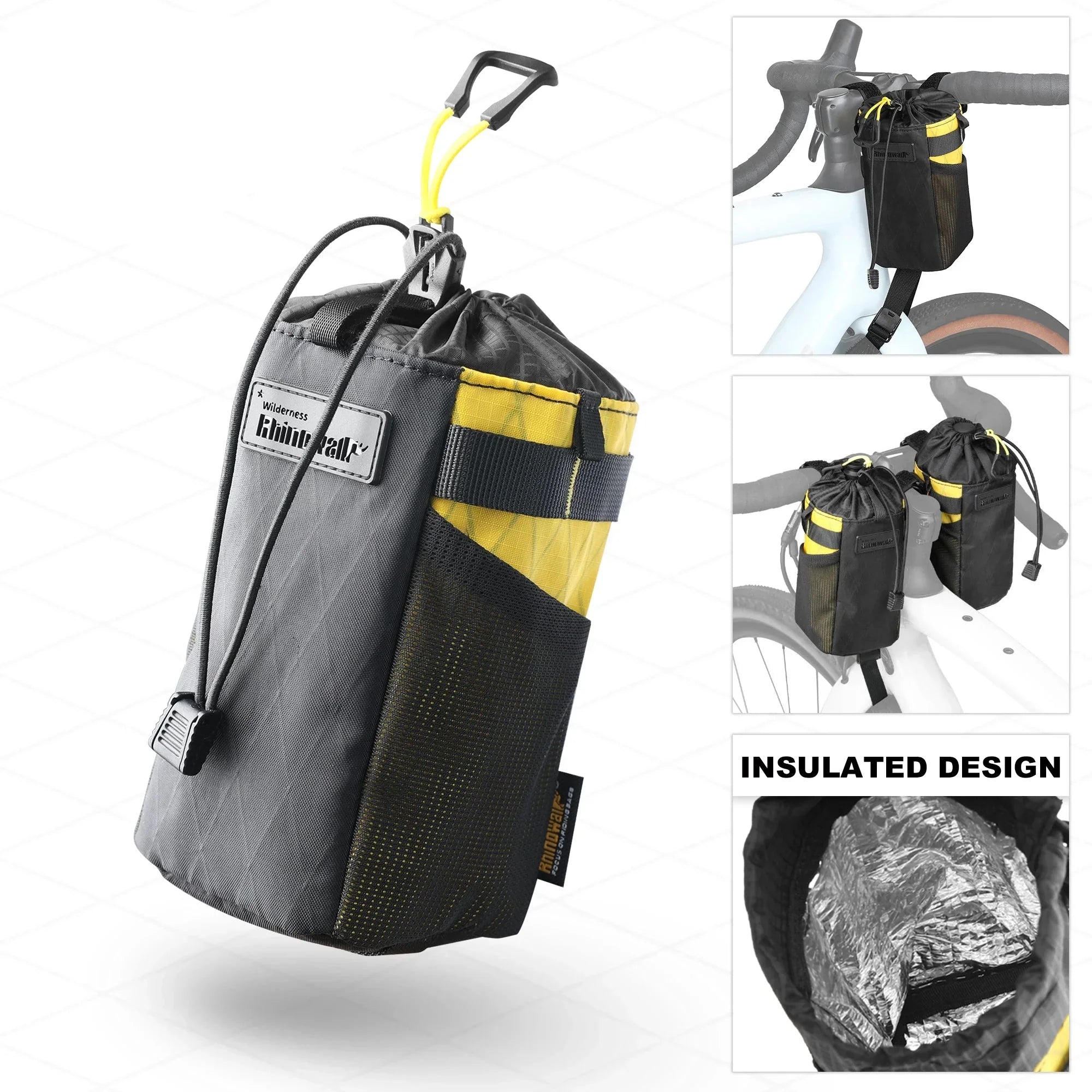 Insulated handlebar tool bag in bright yellow durable nylon, mounted on a road bicycle — view 2