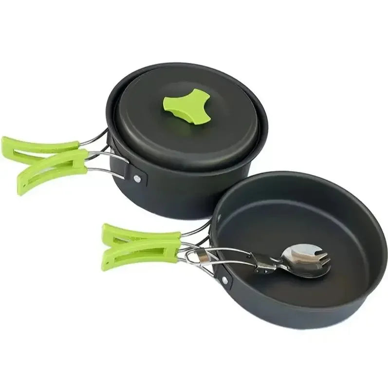 Camping cookware set in anodized aluminum featuring nested pot frying pan and kettle — view 5