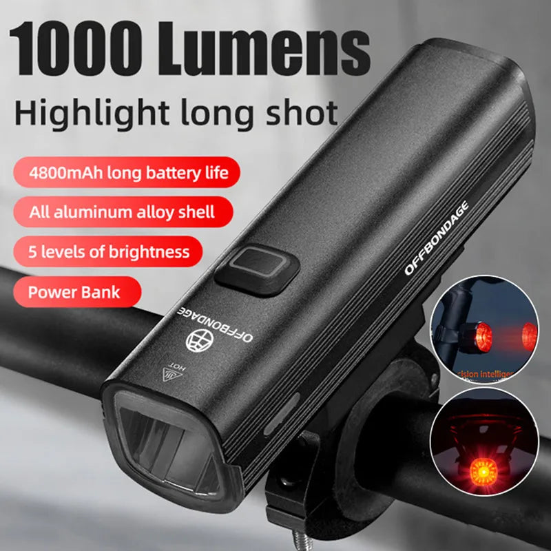 Black aluminum 1000 lumen rechargeable bike headlight with three lighting modes for cycling visibility — view 2