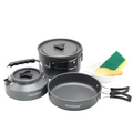 Portable metal camping cookware set with nesting pots, pans, water kettle, and tableware.