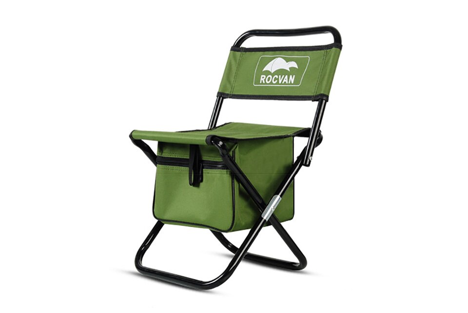 Green foldable fishing chair with built-in insulated cooler backpack and sturdy steel frame. — view 3