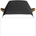 Black magnetic car windshield cover with reflective strips attached to a vehicle in the snow