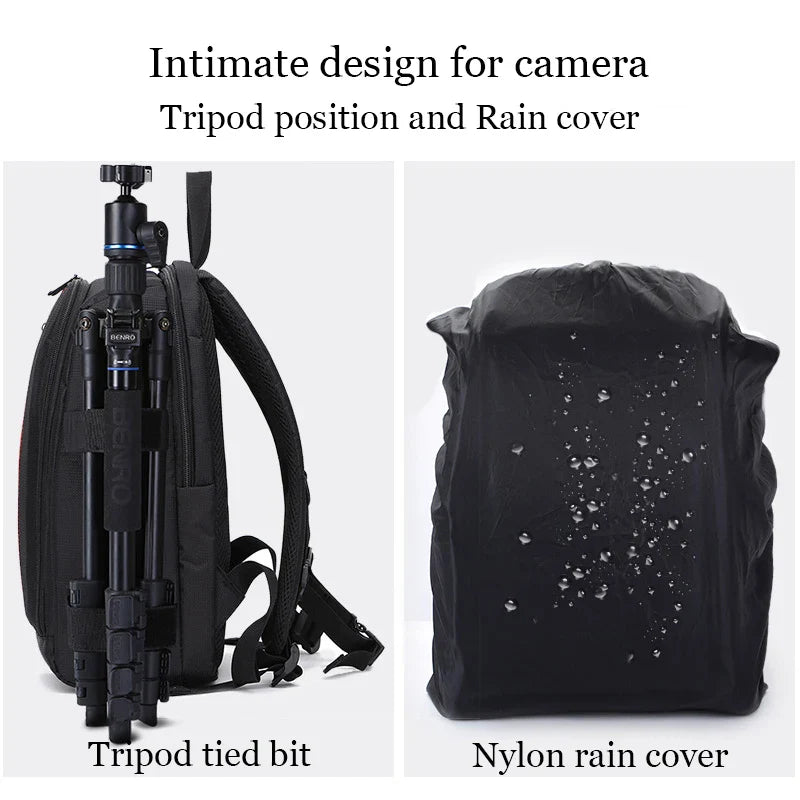 Red waterproof camera backpack in durable nylon with padded compartments for DSLR lenses and tripod — view 3