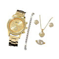 Women's luxury 5-piece gold watch and rhinestone jewelry set with necklace, ring, and earrings