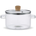 Clear 1.6L borosilicate glass saucepan with matching lid and dual side handles on a stovetop.