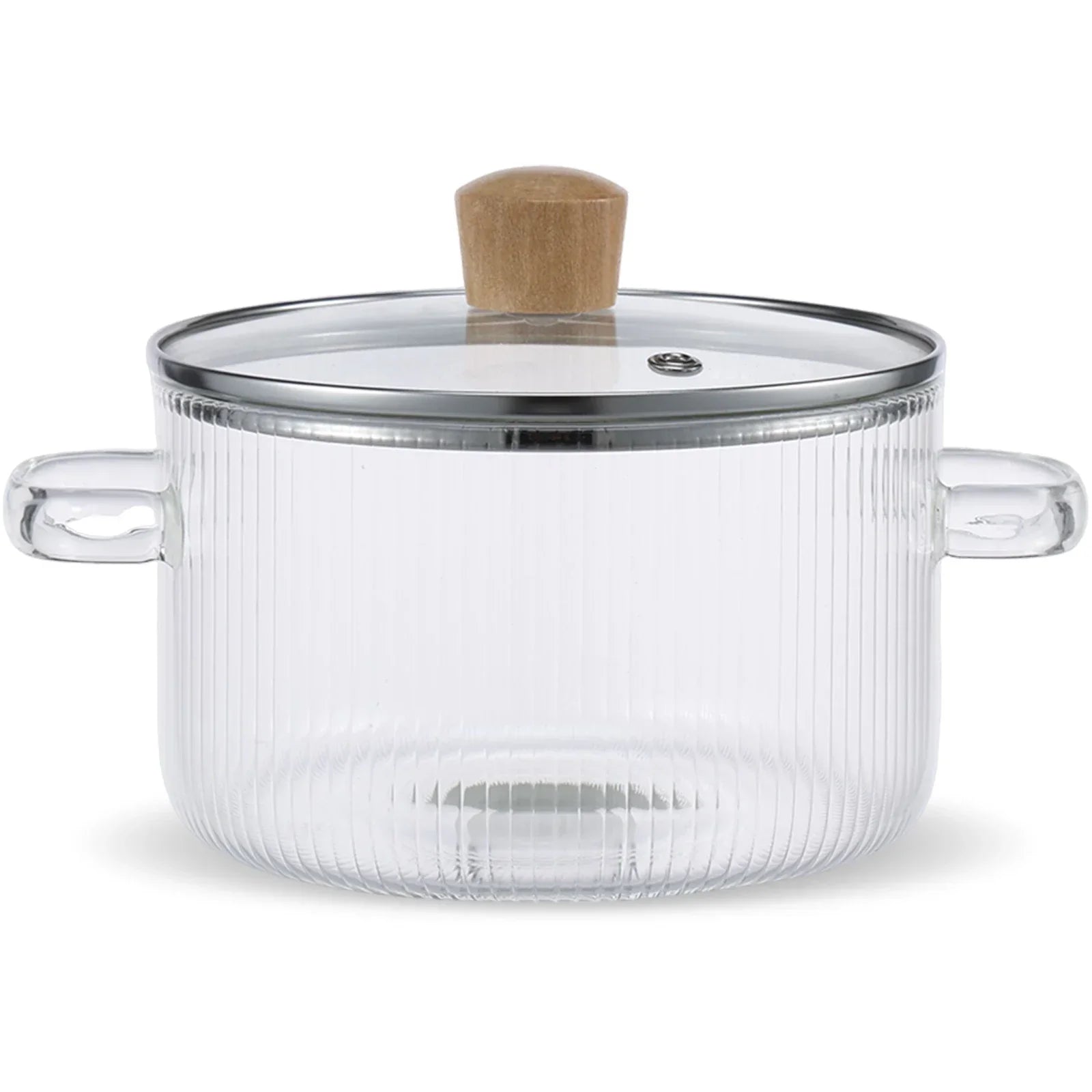 Clear 1.6L borosilicate glass saucepan with matching lid and dual side handles on a stovetop.