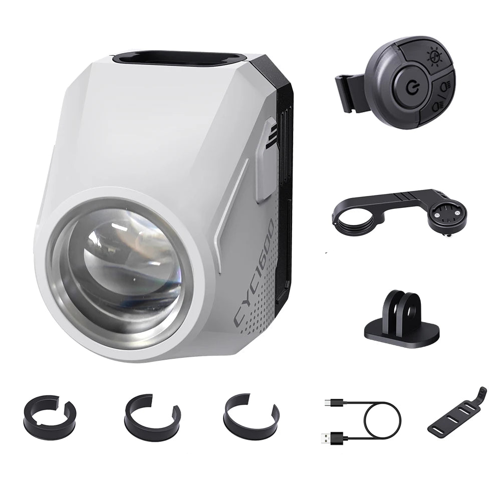Ultra-bright 1600 lumen bike headlight with wireless remote control and GoPro compatible mounting bracket