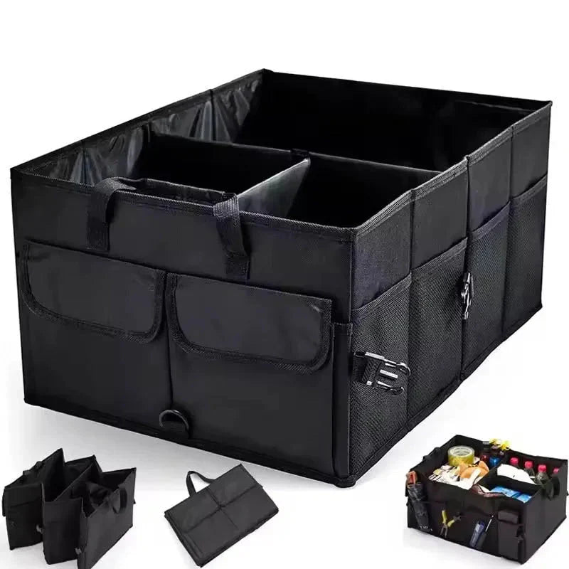 Black large capacity collapsible car trunk organizer made of waterproof Oxford fabric with multiple storage compartments — view 2