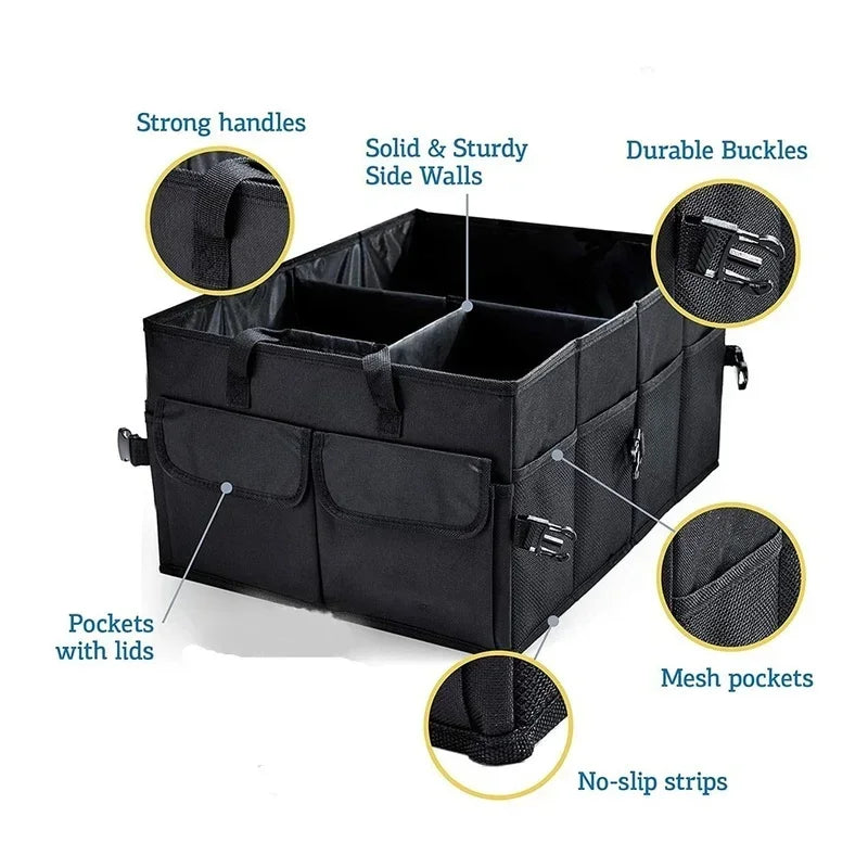 Black large capacity collapsible car trunk organizer made of waterproof Oxford fabric with multiple storage compartments — view 4