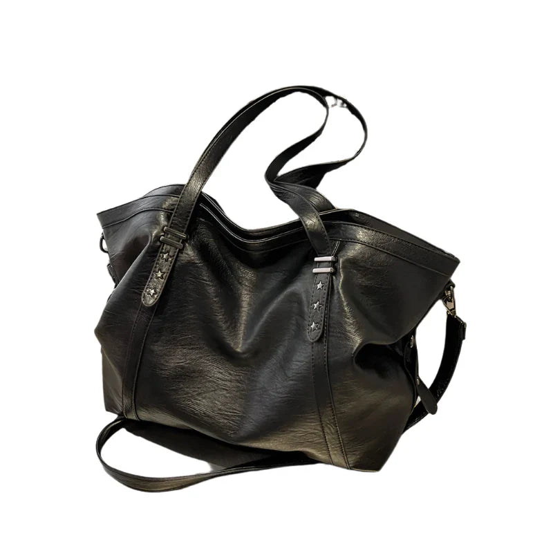 Black PU leather womens vintage tote bag with shoulder straps and secure zipper closure