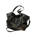 Black PU leather womens vintage tote bag with shoulder straps and secure zipper closure
