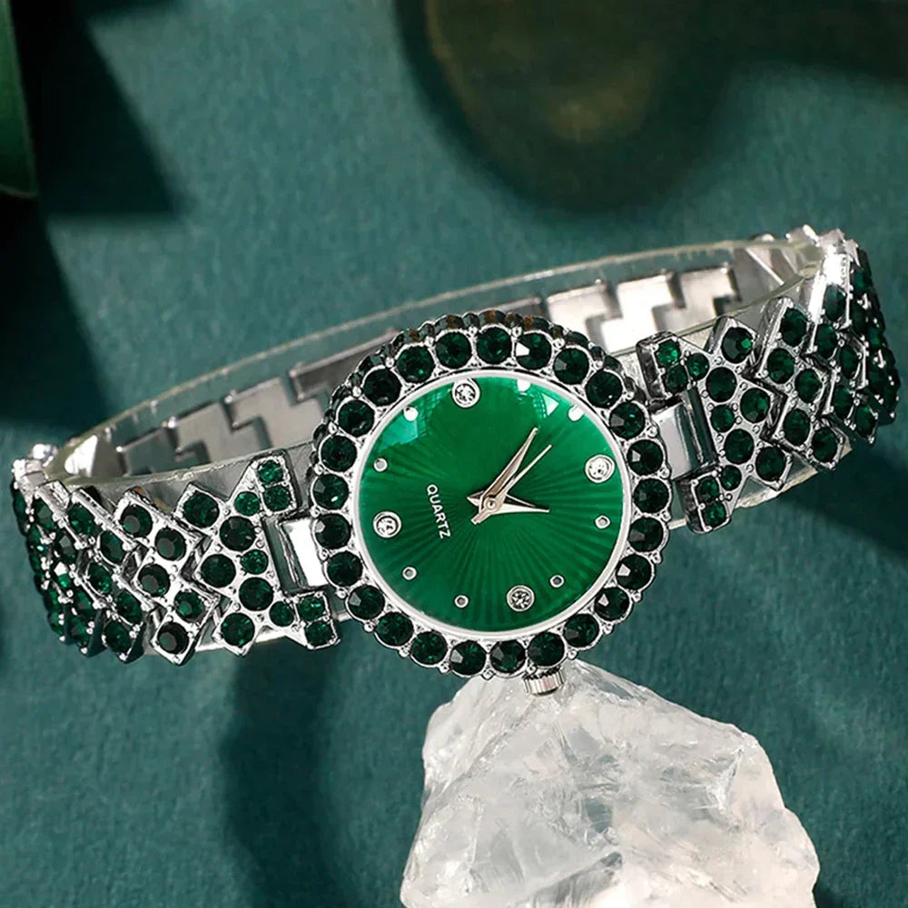 Womens luxury green watch and matching jewelry set with heart necklace ring and earrings — view 5
