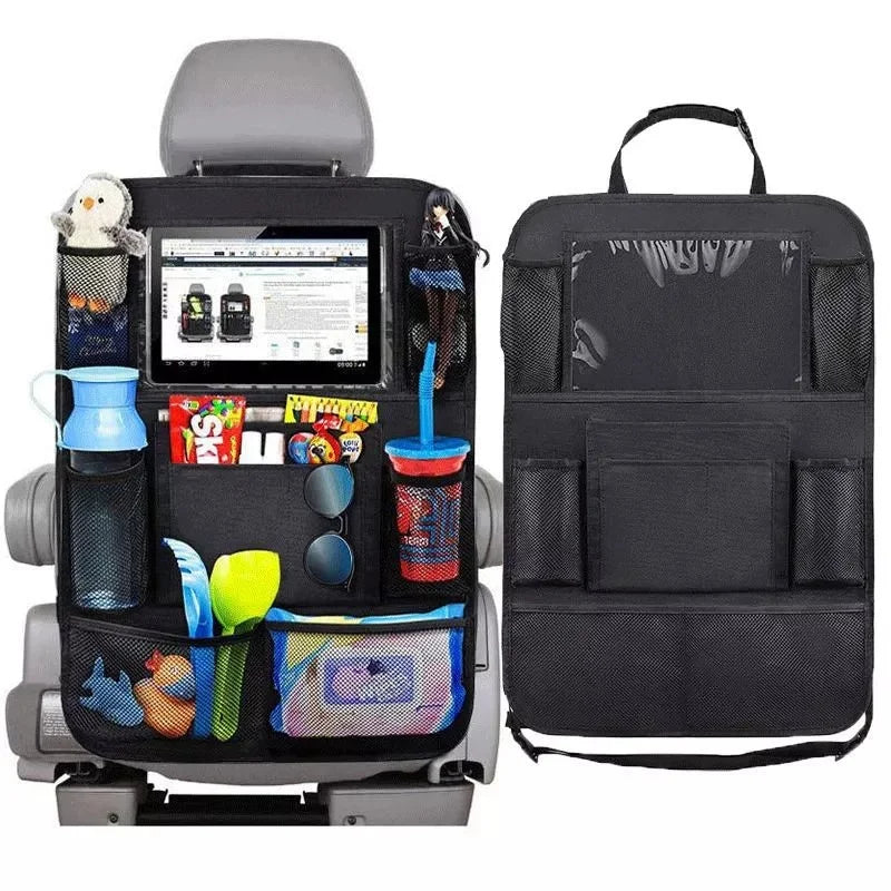 Black car backseat organizer with touch screen tablet holder, mesh pockets, and storage compartments. — view 4