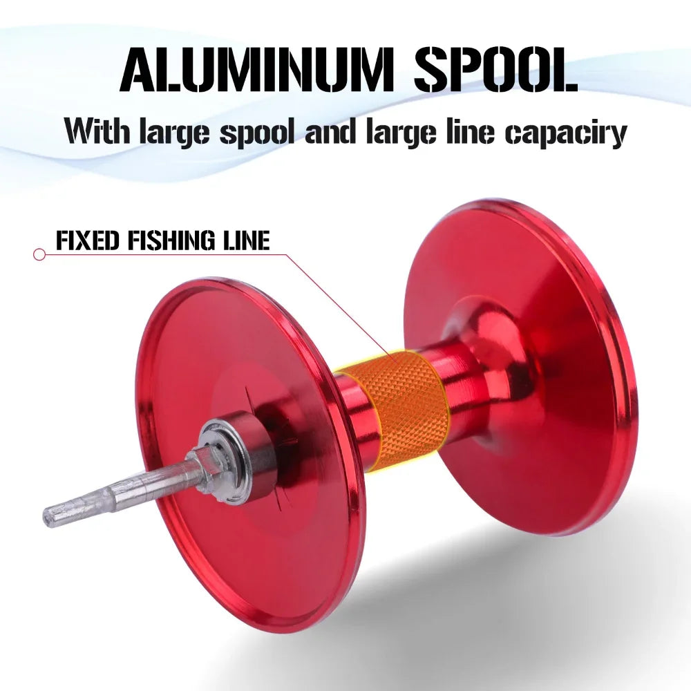 Red heavy-duty trolling fishing reel with an anodized aluminum body and right-hand retrieve — view 4