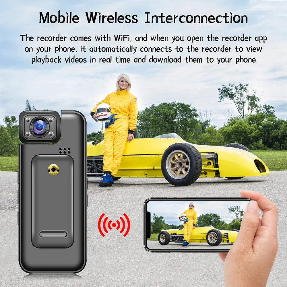 Black WiFi mini body camera with wearable back clip color display screen and adjustable lens — view 5