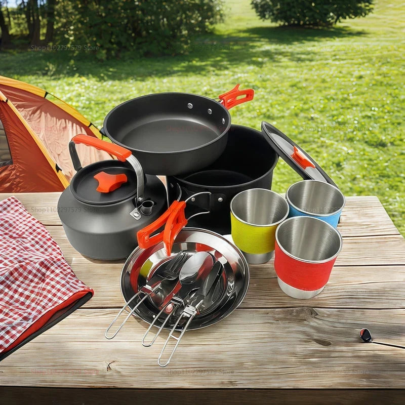 Grey aluminum camping cookware set featuring a pot, kettle, and foldable heat-resistant handles. — view 2