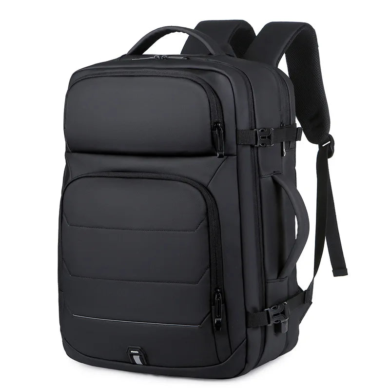 Black expandable 17-inch laptop backpack featuring waterproof fabric, multiple pockets, and adjustable padded shoulder straps