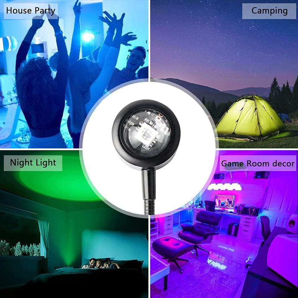 NNEOBA USB sunset lamp projector casting a vibrant rainbow neon glow on a bedroom wall — view 4