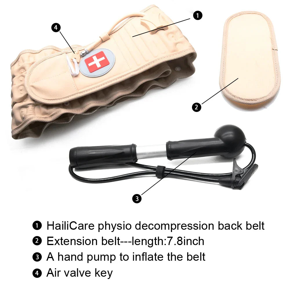 Beige inflatable decompression back brace belt showing air pillars and adjustable straps for lumbar support — view 5