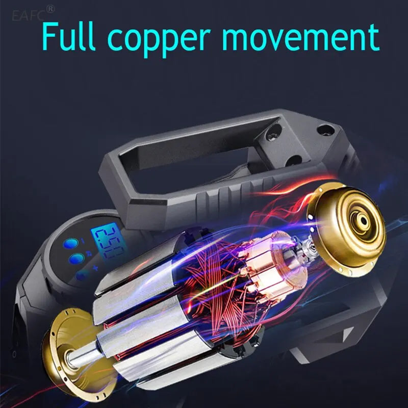Digital portable air compressor pump in grey with car power plug and flexible inflation hose — view 5