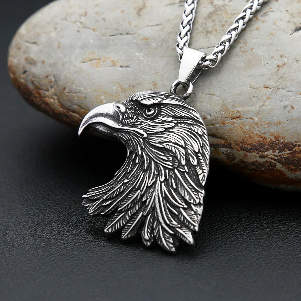 Gothic vintage eagle head pendant necklace in silver stainless steel on a chain — view 4