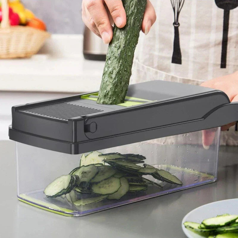 16-piece multifunctional vegetable chopper set with stainless steel blades and a clear BPA-free plastic container — view 4